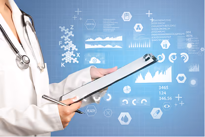 Medical professional holding a tablet with digital medical data and charts overlay on blue background.