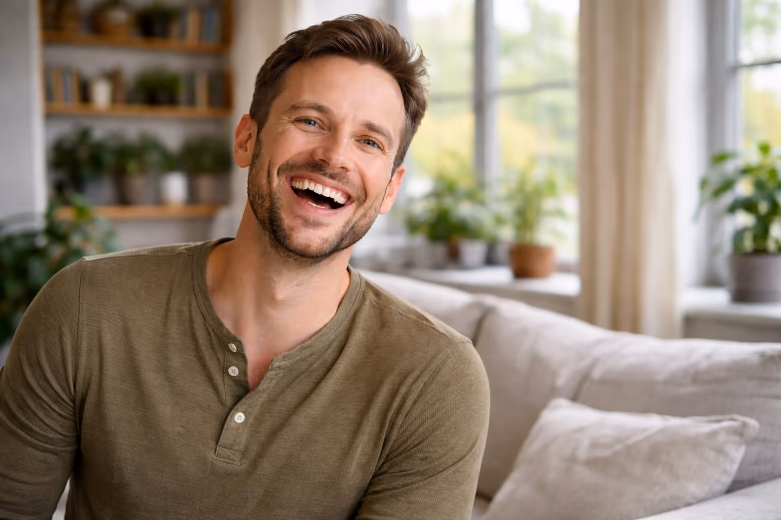 Smiling man with short brown hair and beard wearing an olive green henley shirt in a bright, cozy living room.