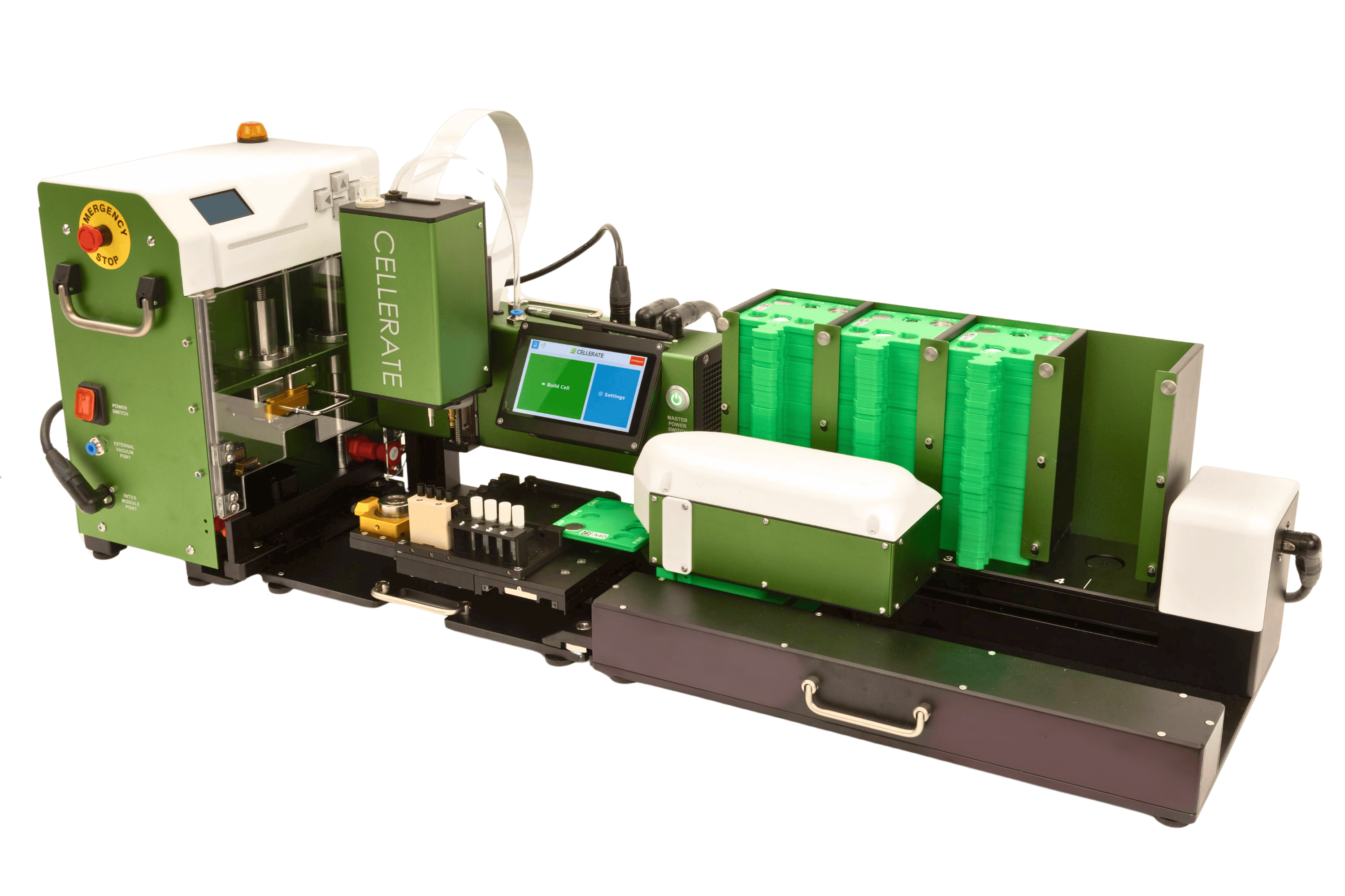 CELERATE automated laboratory device with touchscreen, sample compartments, and green stacked trays.