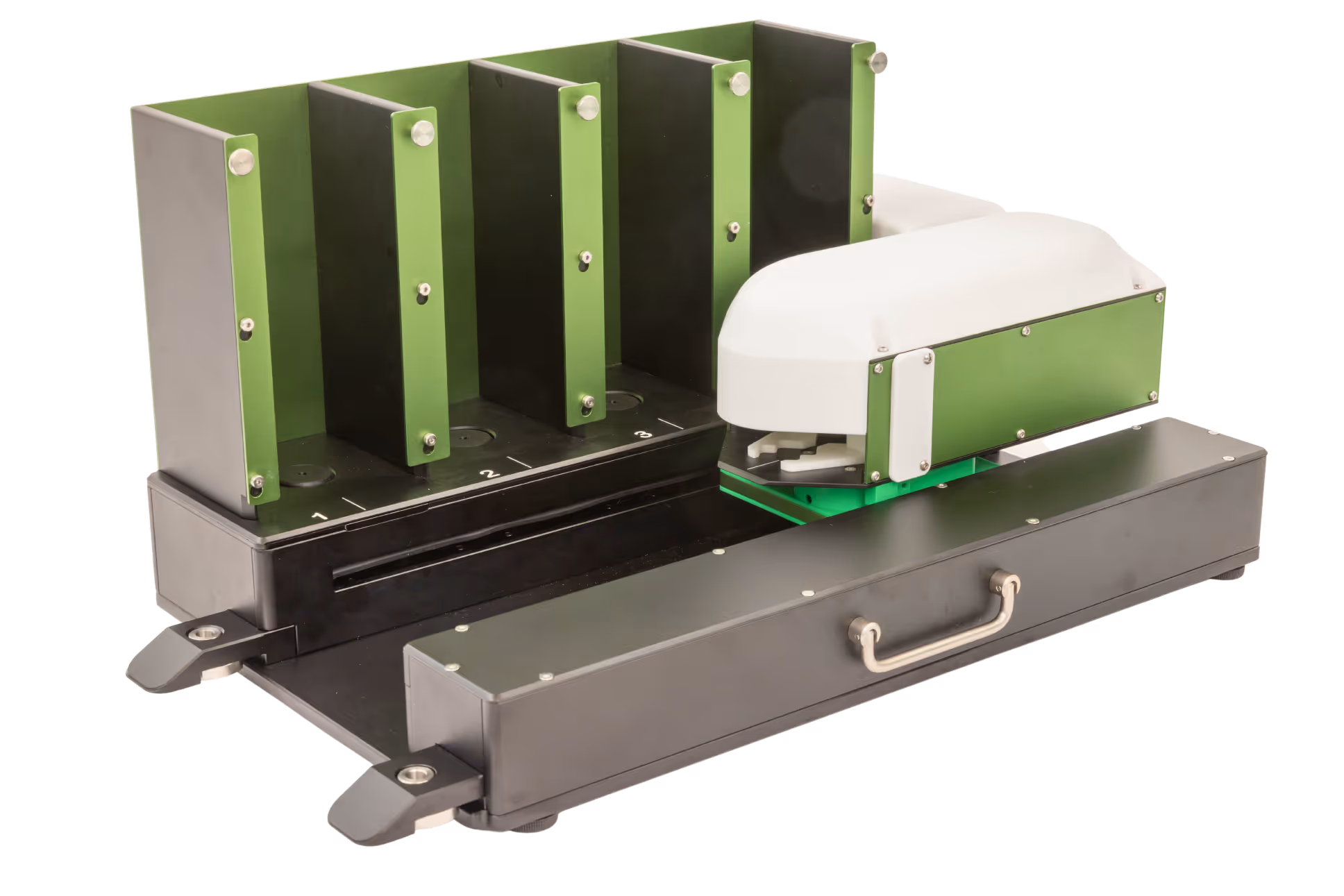 Automated laboratory autoloader device with four vertical green and black slots for holding samples and a white and green mechanical arm on a black base with a handle.