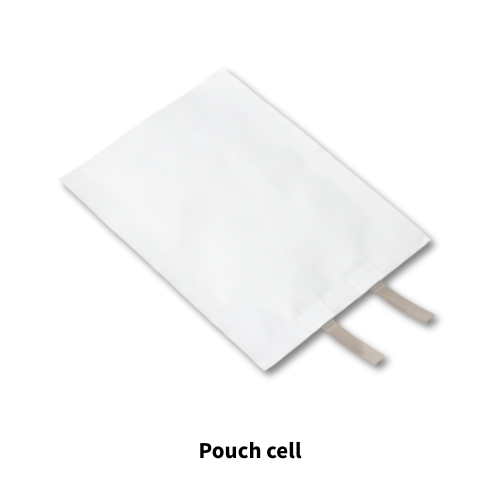 White pouch cell battery with two beige tabs on a white background.