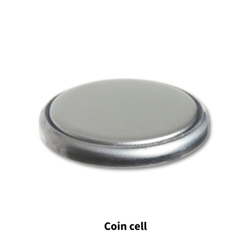 Silver coin cell battery viewed from an angled top side.