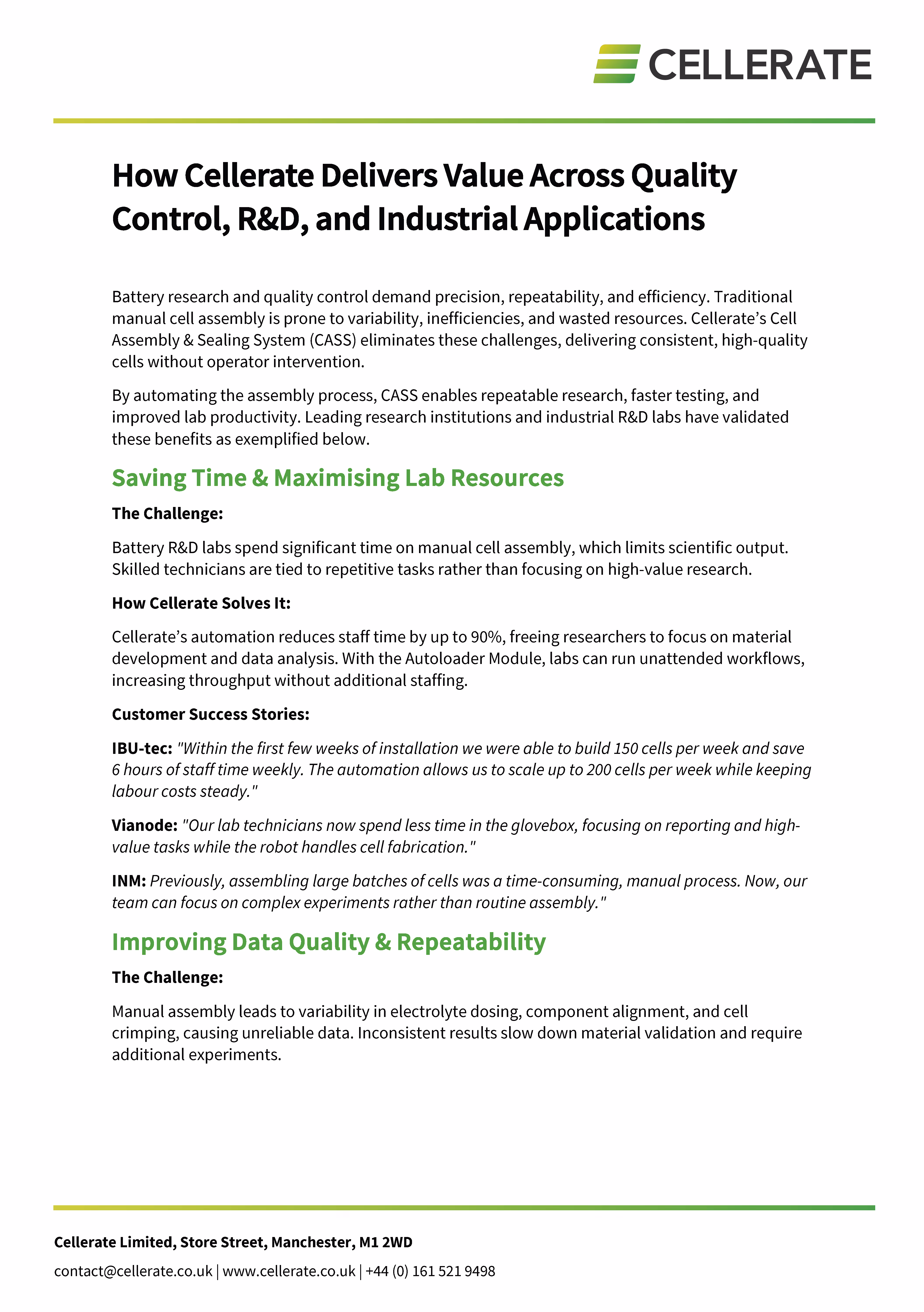 One-page Cellerate document explaining how their Cell Assembly & Sealing System improves quality control, R&D, and industrial applications by automating battery cell assembly to save time, maximise lab resources, and improve data quality.
