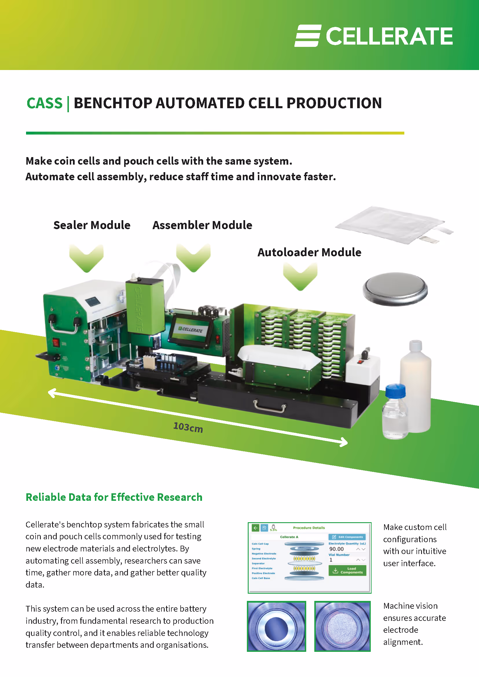 Cellerate Cass benchtop automated cell production system with sealer, assembler, and autoloader modules, sized 103 cm, making coin and pouch cells for research and testing with an intuitive interface and precise electrode alignment.