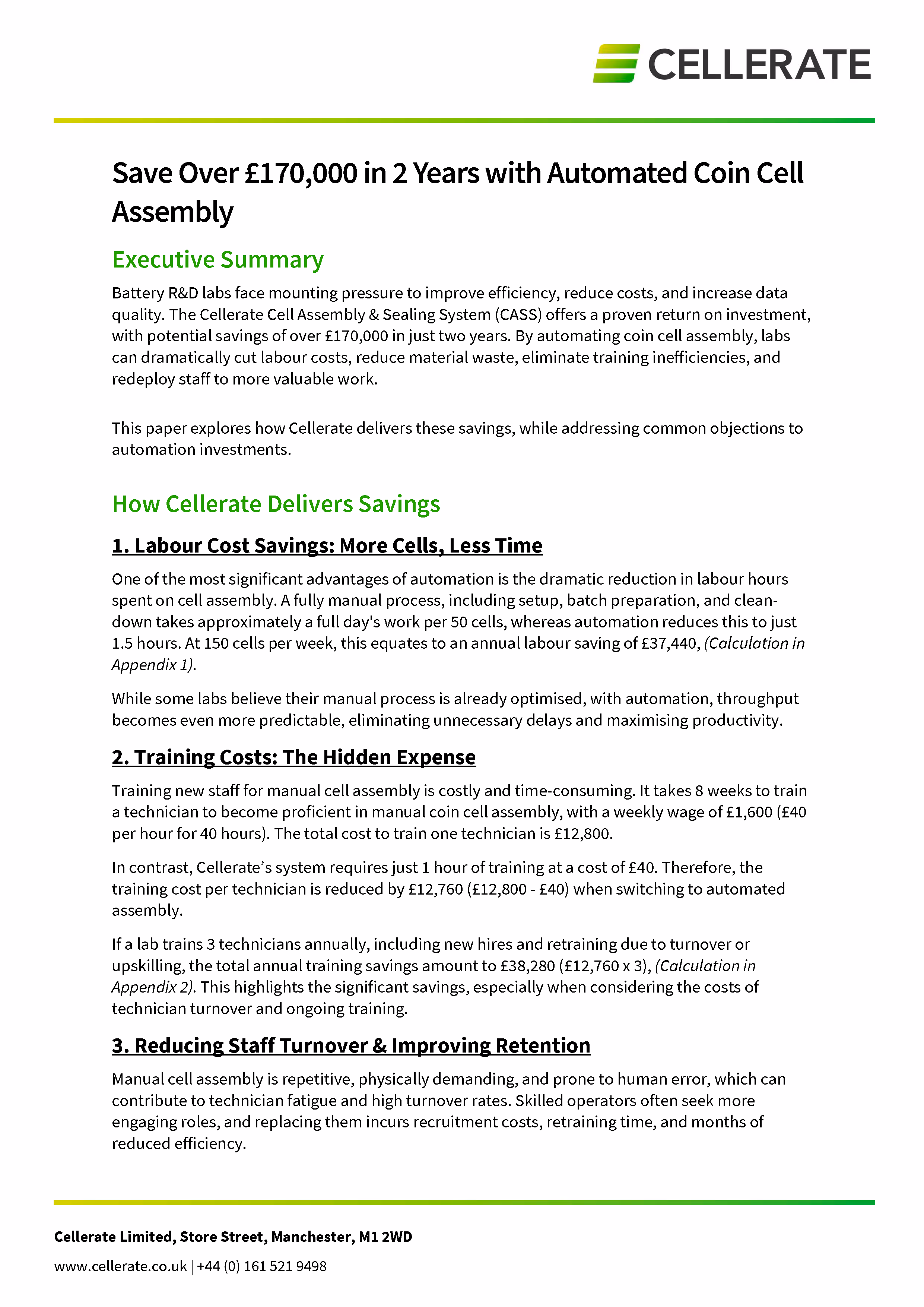 Document titled 'Save Over £170,000 in 2 Years with Automated Coin Cell Assembly' outlining savings through automation in battery R&D labs, including labour cost reduction, training cost savings, and improved staff retention.