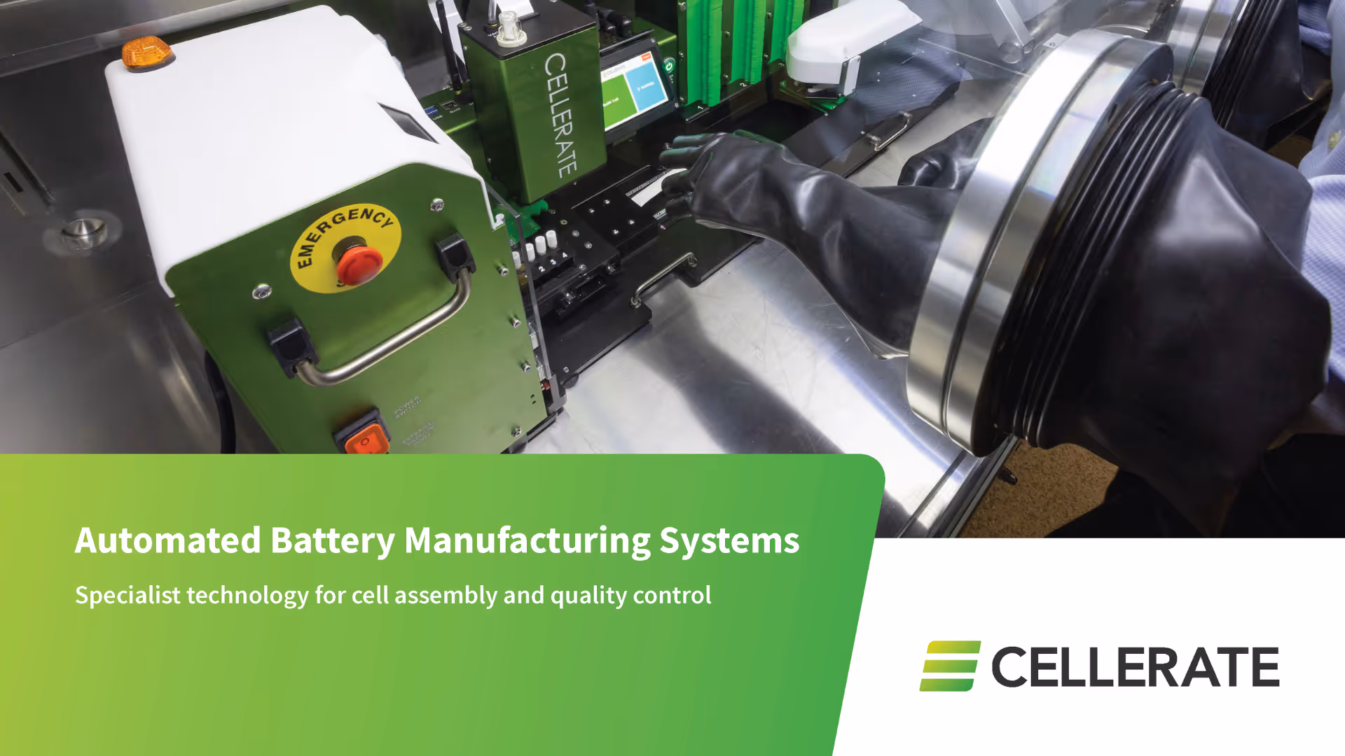Gloved hands operating automated battery manufacturing equipment labelled Cellerate.