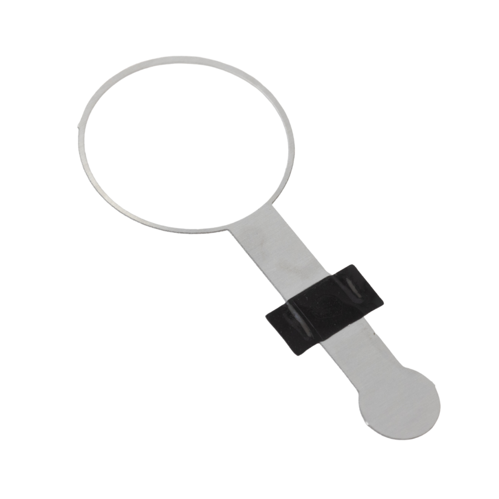 Metal ring lifter with a black plastic grip in the middle, used to open pull-tab cans.