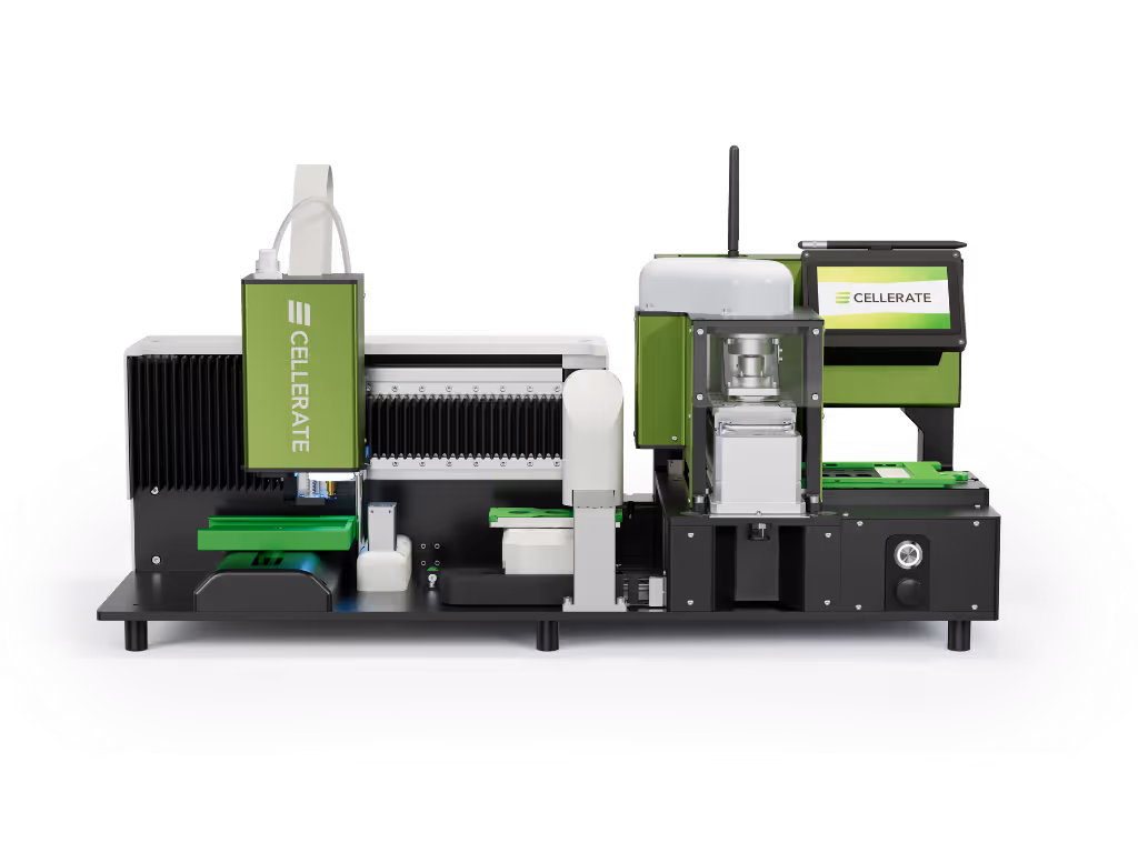 Cellerate branded laboratory automation machine with robotic arms and touchscreen display.