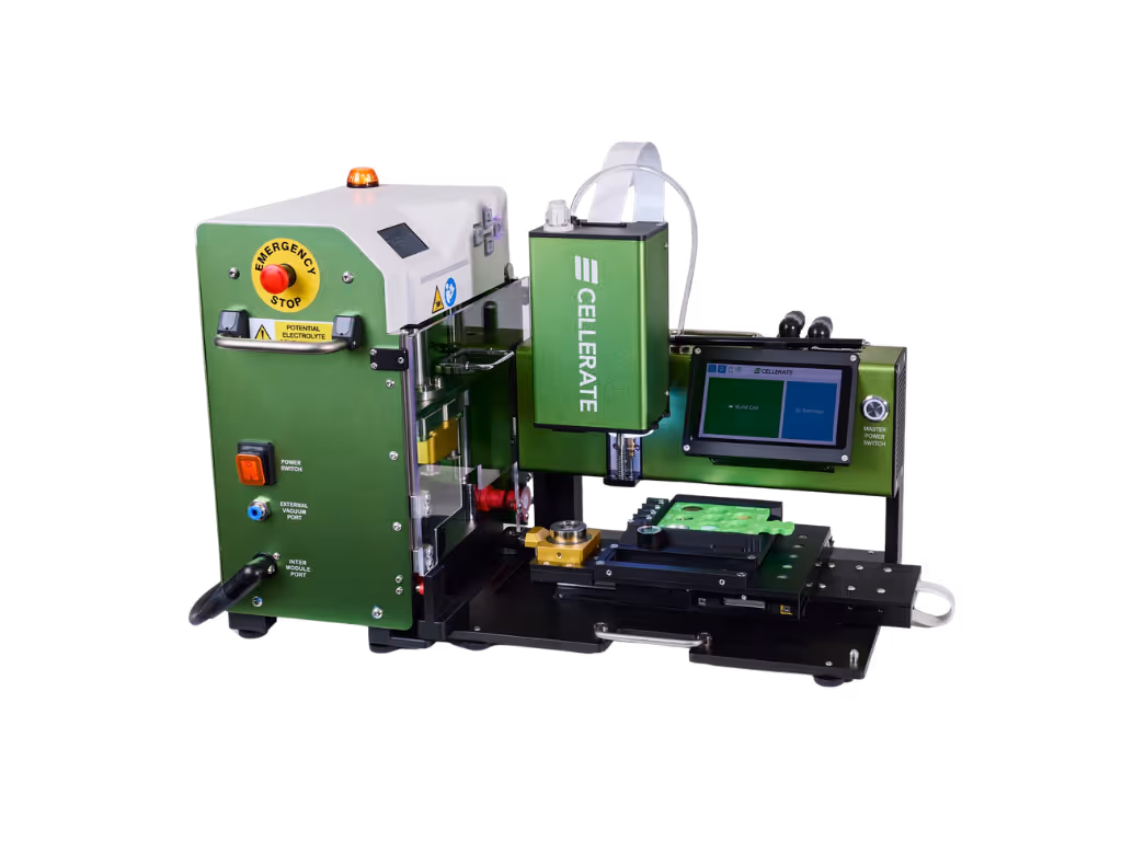 Green industrial machine with a touchscreen display and an emergency stop button, branded with 'Cellerate'.