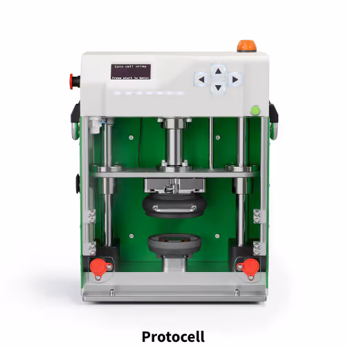 Front view of a compact industrial machine with a digital screen, control buttons, and mechanical components inside a transparent casing.