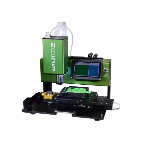 Cellrate Cellerate automated laboratory instrument with touchscreen interface and precision components on black base.