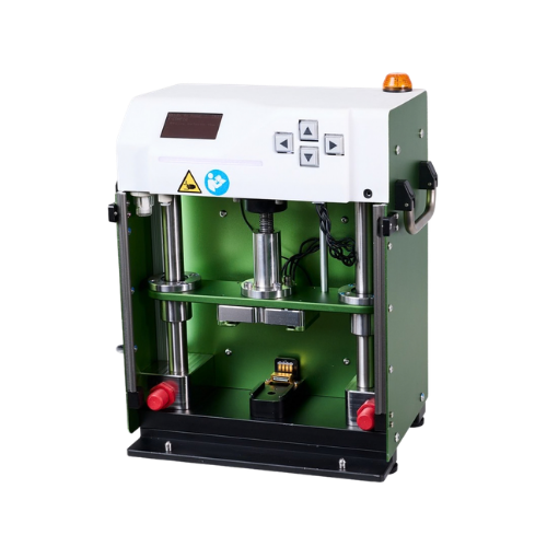 Industrial testing machine with a green and white frame, control buttons, and metal rods inside.