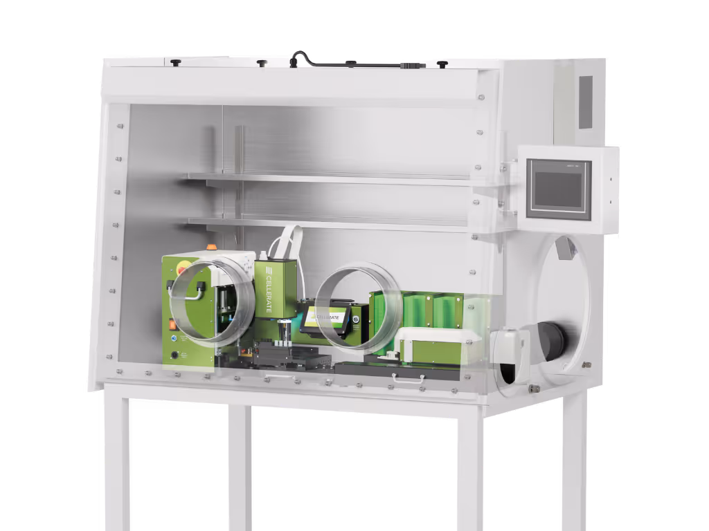 White and green laboratory glovebox isolator with transparent front and touchscreen control panel on the right side.