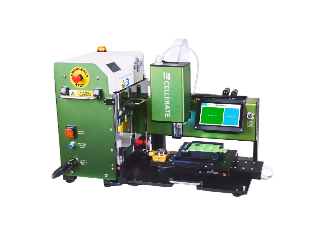 Green and white industrial Cellerate machine with emergency stop button, touchscreen interface, and robotic arm for assembly or sealing tasks.