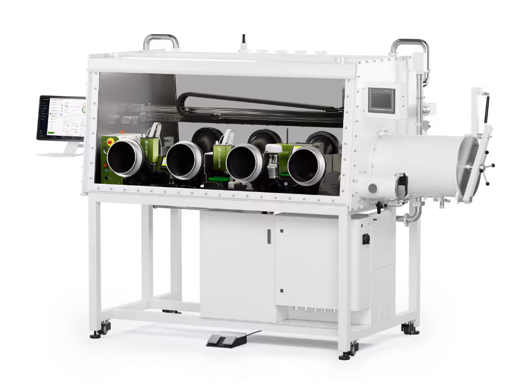 White and green laboratory glovebox isolator with transparent front and touchscreen control panel on the right side.
