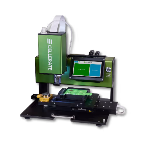 Cellrate Cellerate automated laboratory instrument with touchscreen interface and precision components on black base.