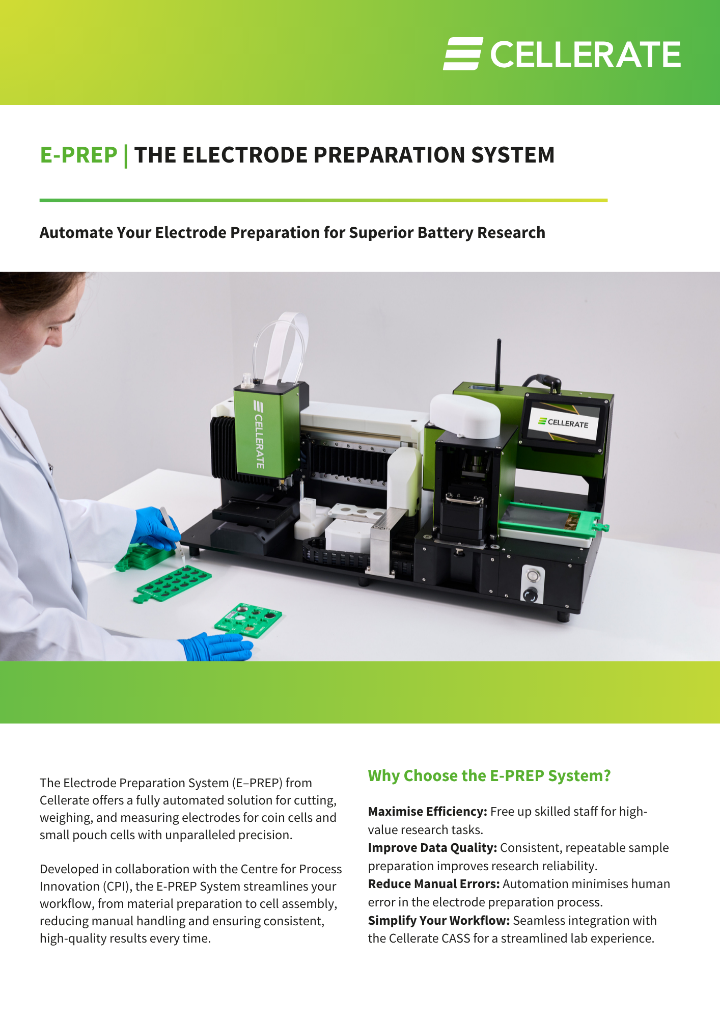 Automated electrode preparation system machine inside a metal enclosure with technical setup for cutting and measuring electrodes.