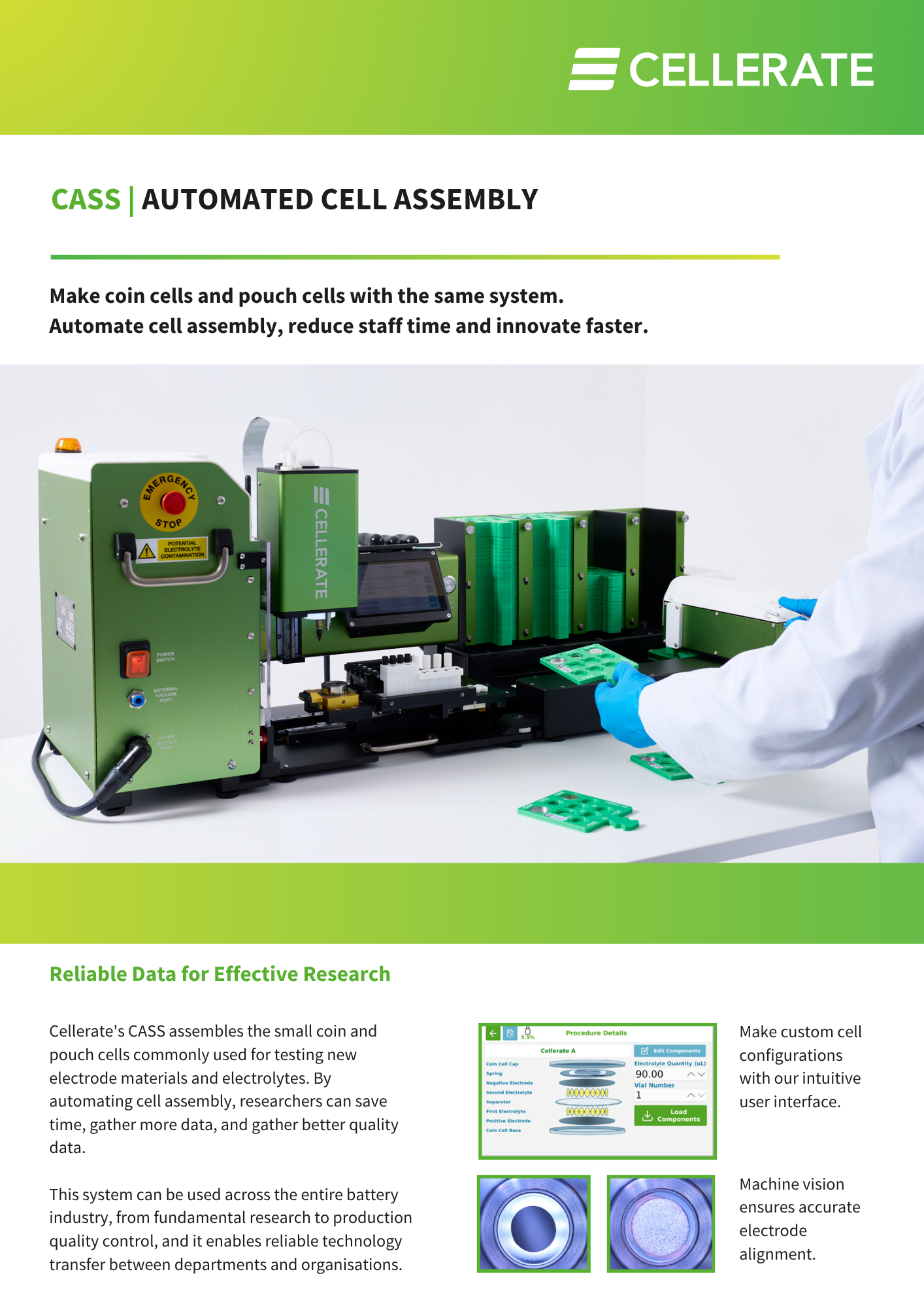 Cellerate Cass benchtop automated cell production system with sealer, assembler, and autoloader modules, sized 103 cm, making coin and pouch cells for research and testing with an intuitive interface and precise electrode alignment.