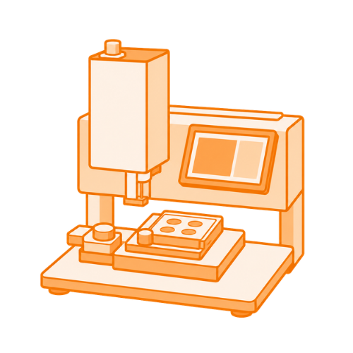 Orange line drawing of a laboratory sealer machine with buttons, display, and sealing platform.