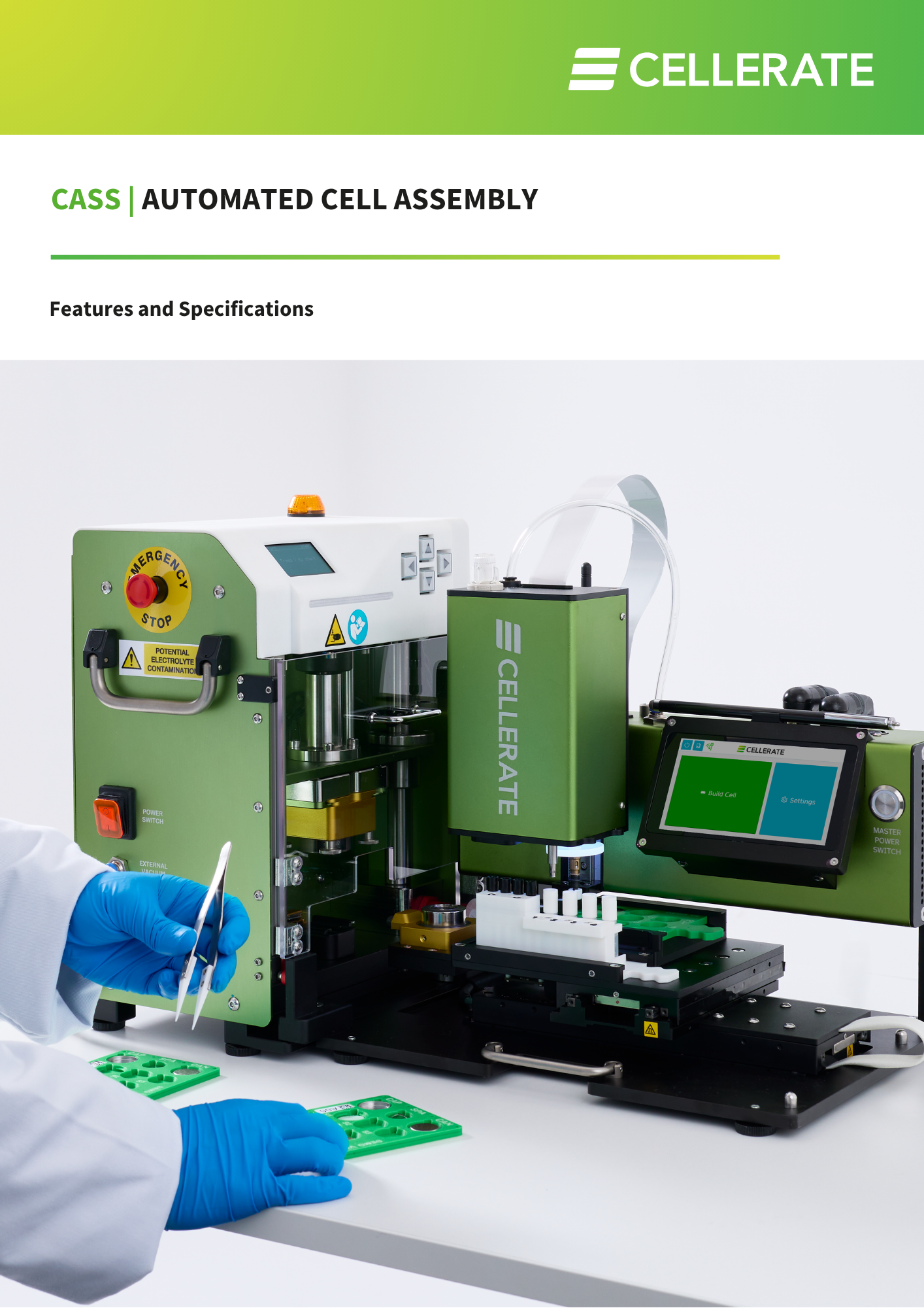 Cover page of Cellerate’s Cell Assembly & Sealing System features and specifications document dated December 2024, with a pipette dropping green liquid into test tubes.