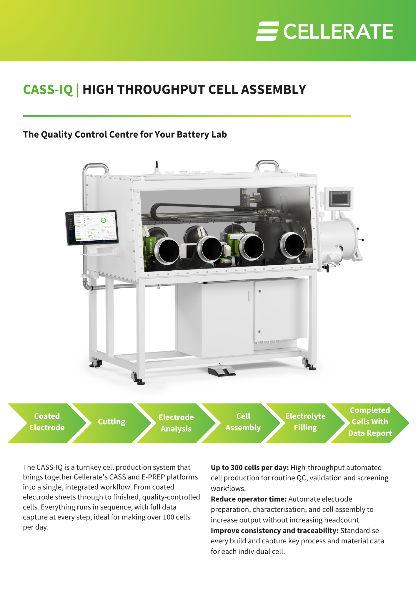 Cover page of Cellerate’s CASS-IQ Info Sheet with a large image of the CASS-IQ system. 