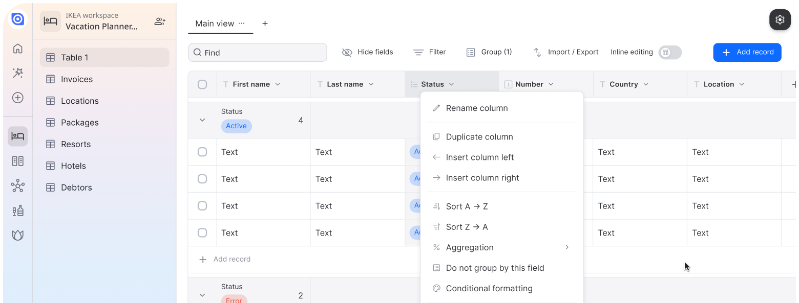 Ein Screenshot der Ninox-Plattform und dem Interface. Man sieht Tabellen und wie man Spalteneinstellungen vornehmen kann