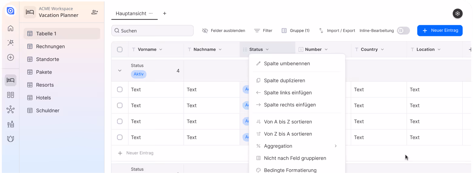 Ein Screenshot der Ninox-Plattform und dem Interface. Man sieht Tabellen und wie man Spalteneinstellungen vornehmen kann