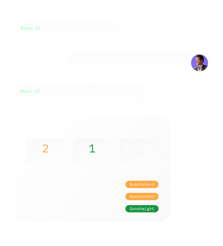 Bild, das den Ninox-KI-Assistenten zeigt, vor einem hellblauen Hintergrund, und verdeutlicht, dass Ninox auch eine Lösung für Finanzteams ist.
