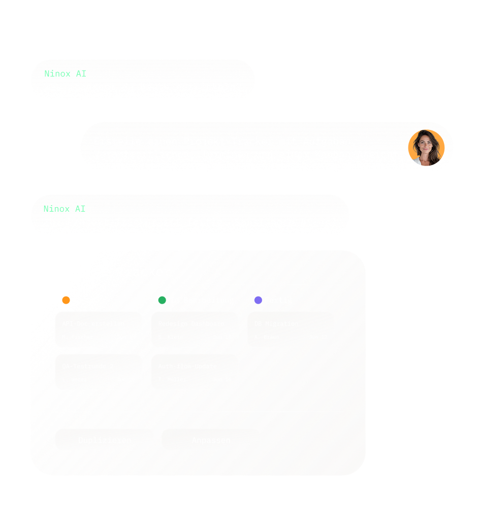 Bild, das die Ninox-KI im Einsatz zeigt; das Bild hat einen hellblauen Hintergrund und veranschaulicht, wie Ninox zur Strukturierung von Projektteams genutzt werden kann.
