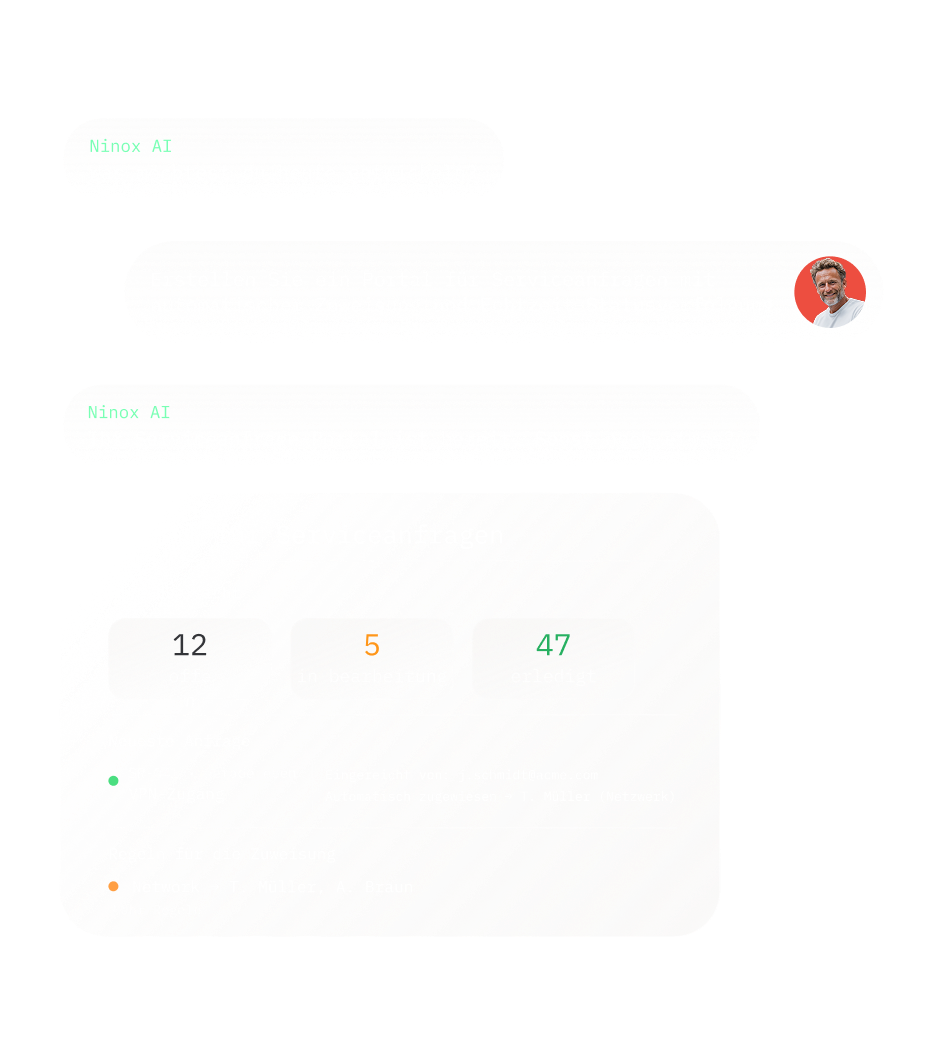 Bild, das die Ninox-KI im Einsatz mit einem Nutzer zeigt. Die Ninox-KI fragt: „Was möchten Sie heute erstellen?“, und der Nutzer antwortet: „Erstellen Sie ein Serviceanfrage-Portal mit automatischer Zuweisung und Live-Statusverfolgung.”