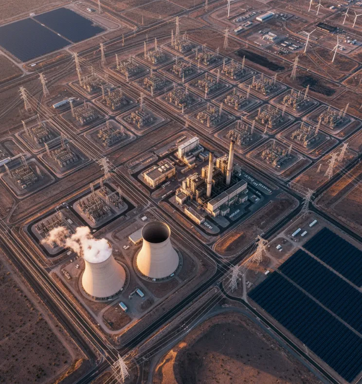 Aerial view of an industrial power facility with cooling towers