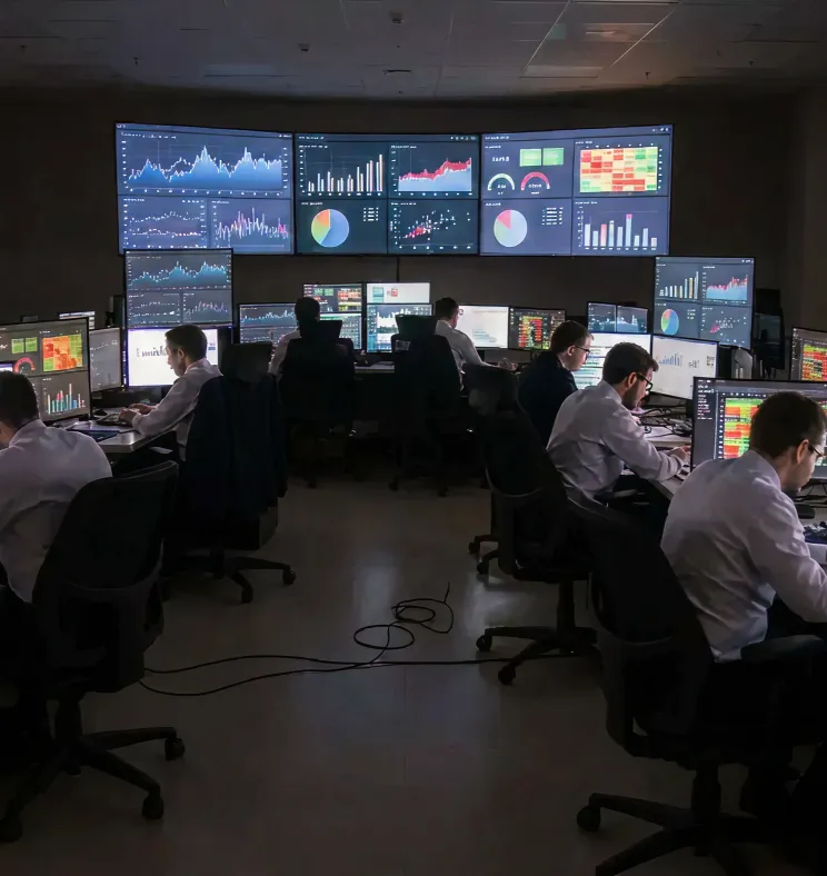 Team monitoring live data on multiple screens in a control room
