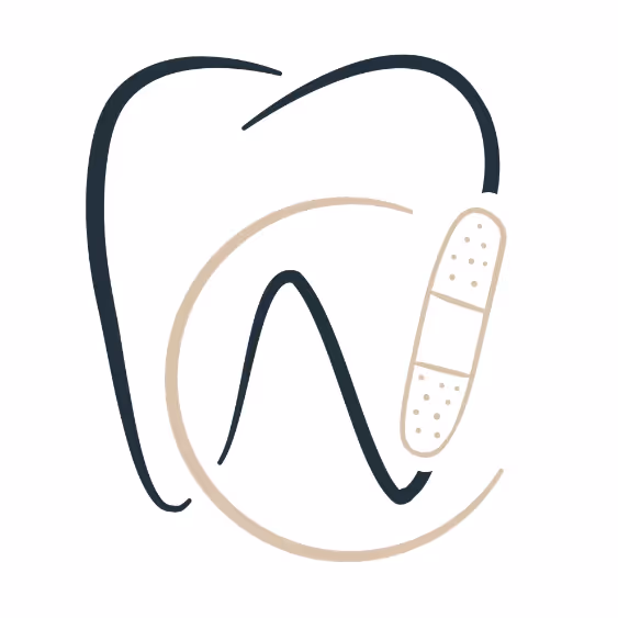 Symbol einer stilisierten Zahnform mit einem Pflaster darauf, dargestellt in minimalistischen Linien.