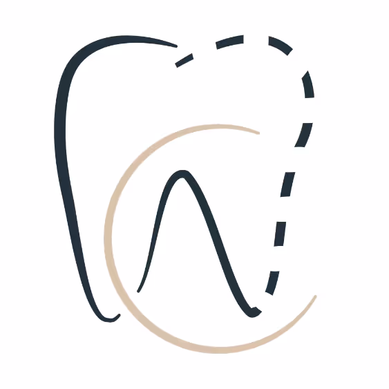 Abstraktes Zahnlogo mit einer durchgezogenen und einer gestrichelten Zahnumrandung.