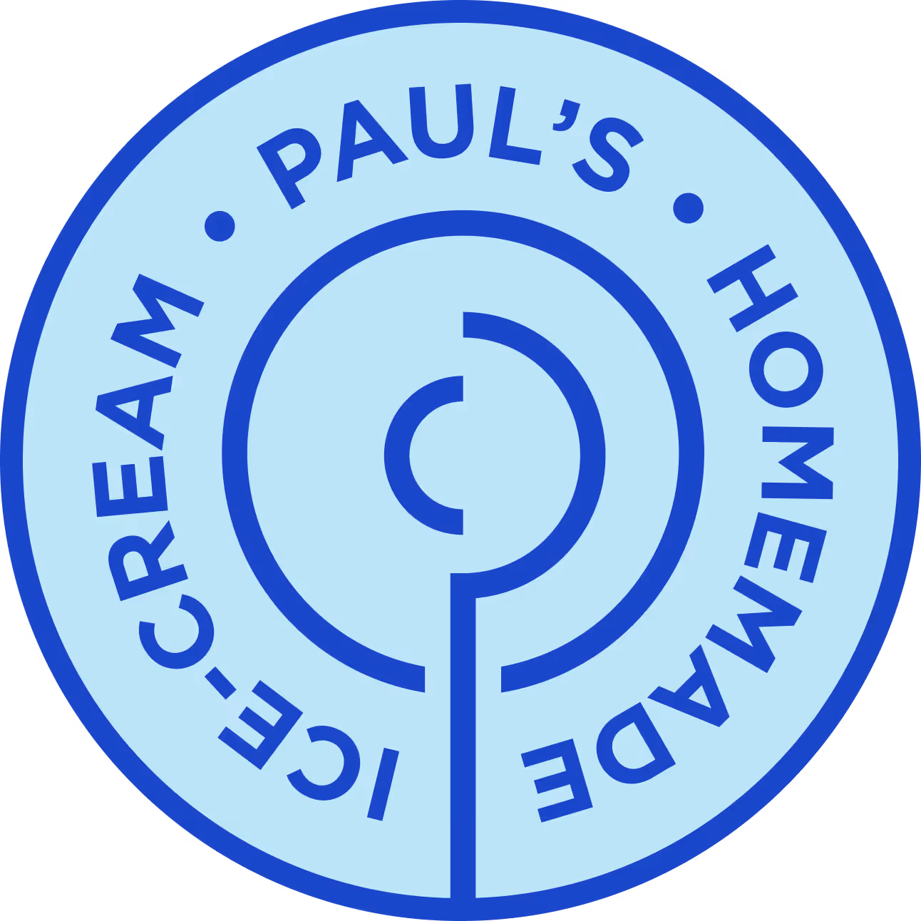 Round blue logo with a stylized letter P in the center and text around the edge saying 'Paul’s Homemade Ice Cream'.