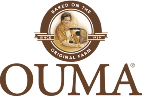 Ouma logo with a circular emblem showing a woman baking and text reading 'Baked on the Original Farm Since 1939'.