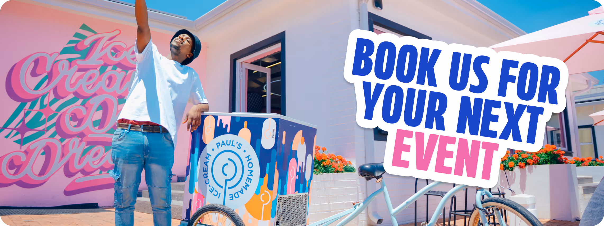 Three ice cream cones held by hands with flavors labeled Raspberry Soda, Grape Soda, and Cream Soda next to text reading Flavours of the Month.