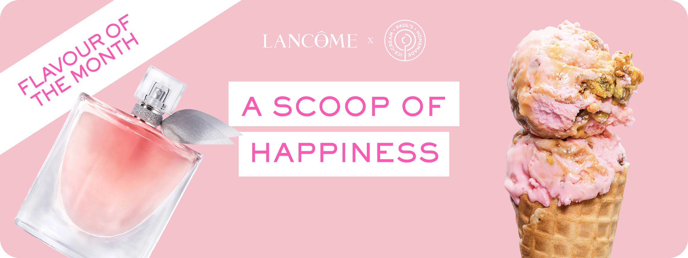 Hands holding three ice cream cones with raspberry soda, grape soda, and cream soda flavors, alongside text reading Flavours of the Month.