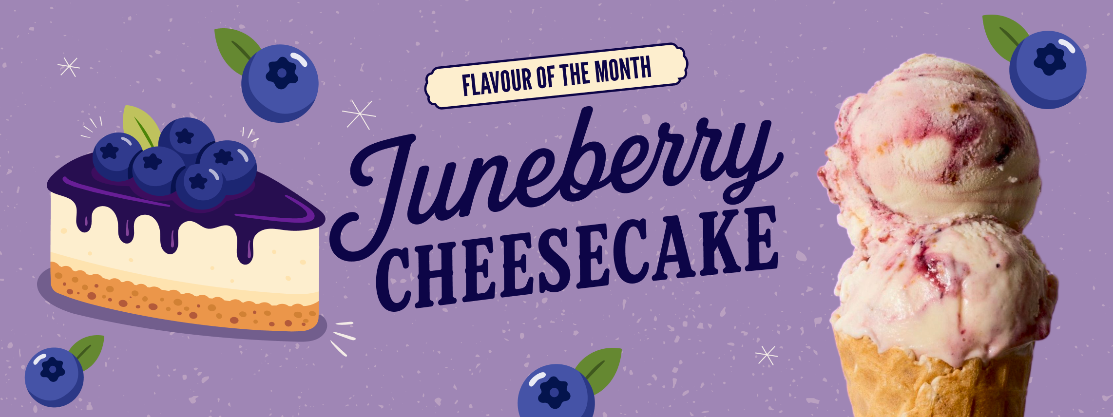 Hands holding three ice cream cones with raspberry soda, grape soda, and cream soda flavors, alongside text reading Flavours of the Month.