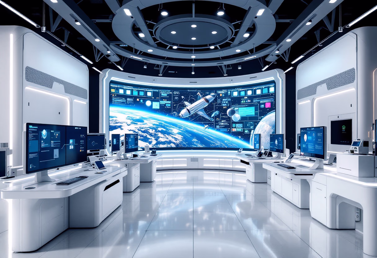 image of a futuristic mission control room in a space research tech company