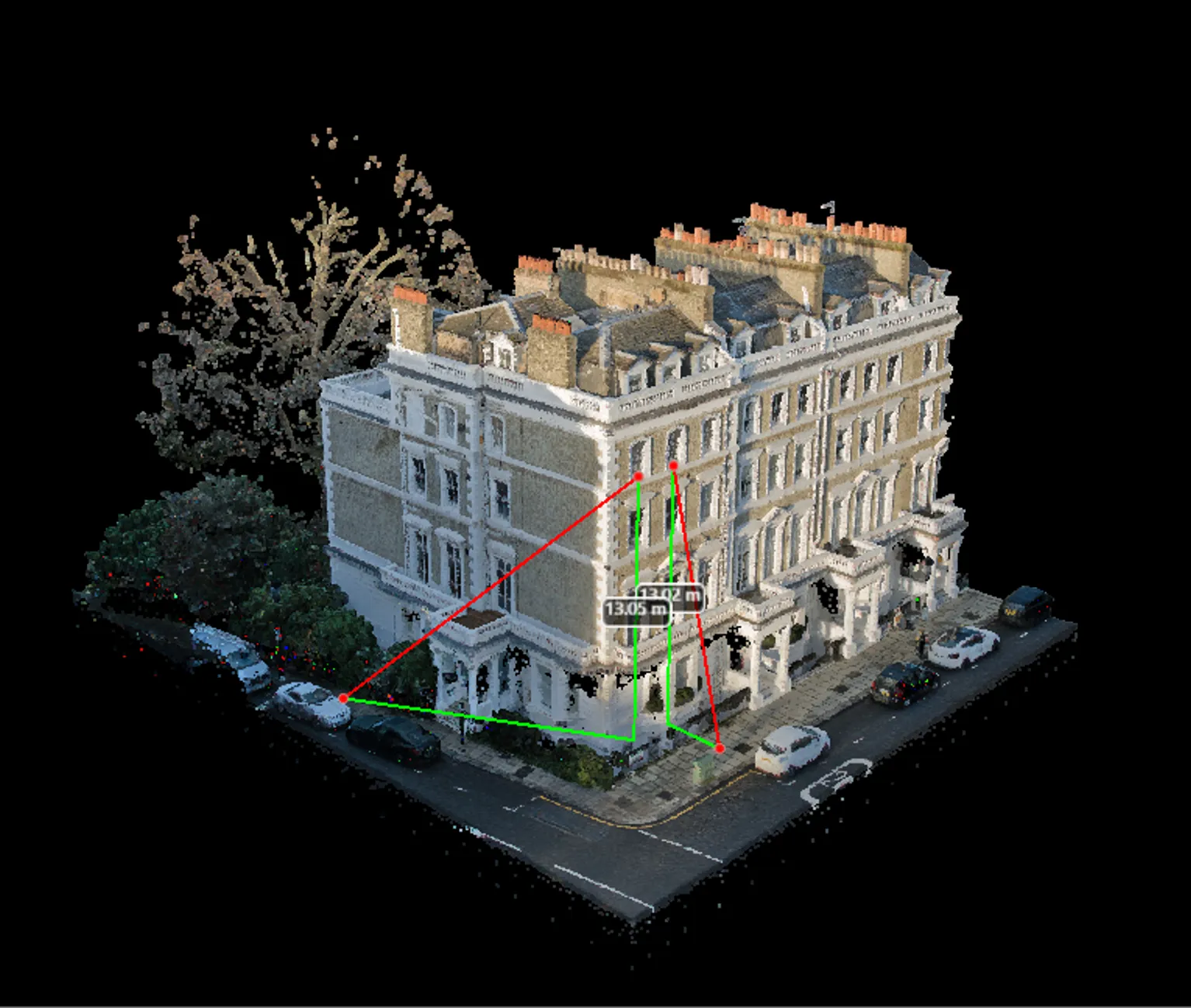 3D point cloud model of a multi-story corner building with roof chimneys, adjacent street, parked cars, and measurement lines showing distances between points.
