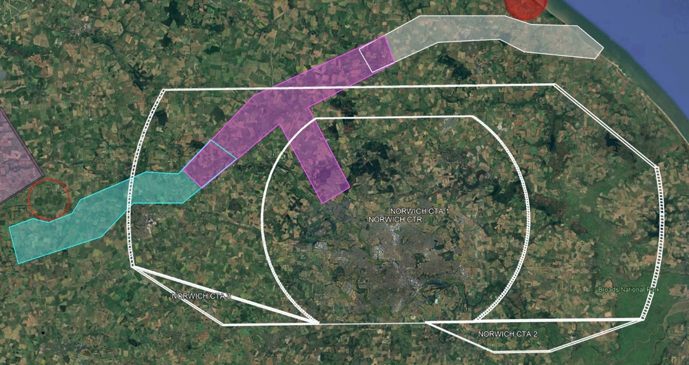 Satellite map showing Norwich and surrounding areas with highlighted zones labeled Norwich CTA 1, Norwich CTA 2, and Norwich CTA 3, along with colored overlay pathways and Broads National Park on the right edge.