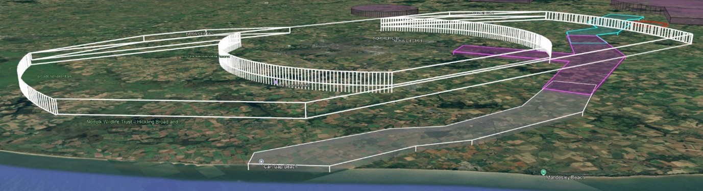 3D aerial map showing outlined park boundaries, including Broads National Park and coastal areas like Carr Gap Beach and Mundesley Beach.