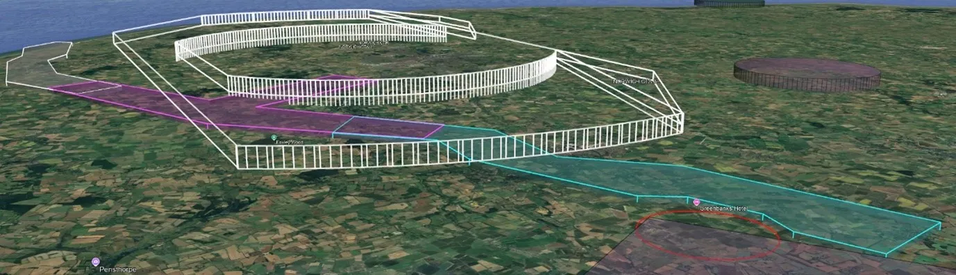 3D aerial map showing outlined ancient fort structures with labeled landmarks including Pensthorpe, Foxley Wood, Greenbanks Hotel, and Norwich City.