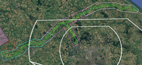 Satellite map showing flight path outlines and control zones over Norwich area, with colored routes and boundary circles.