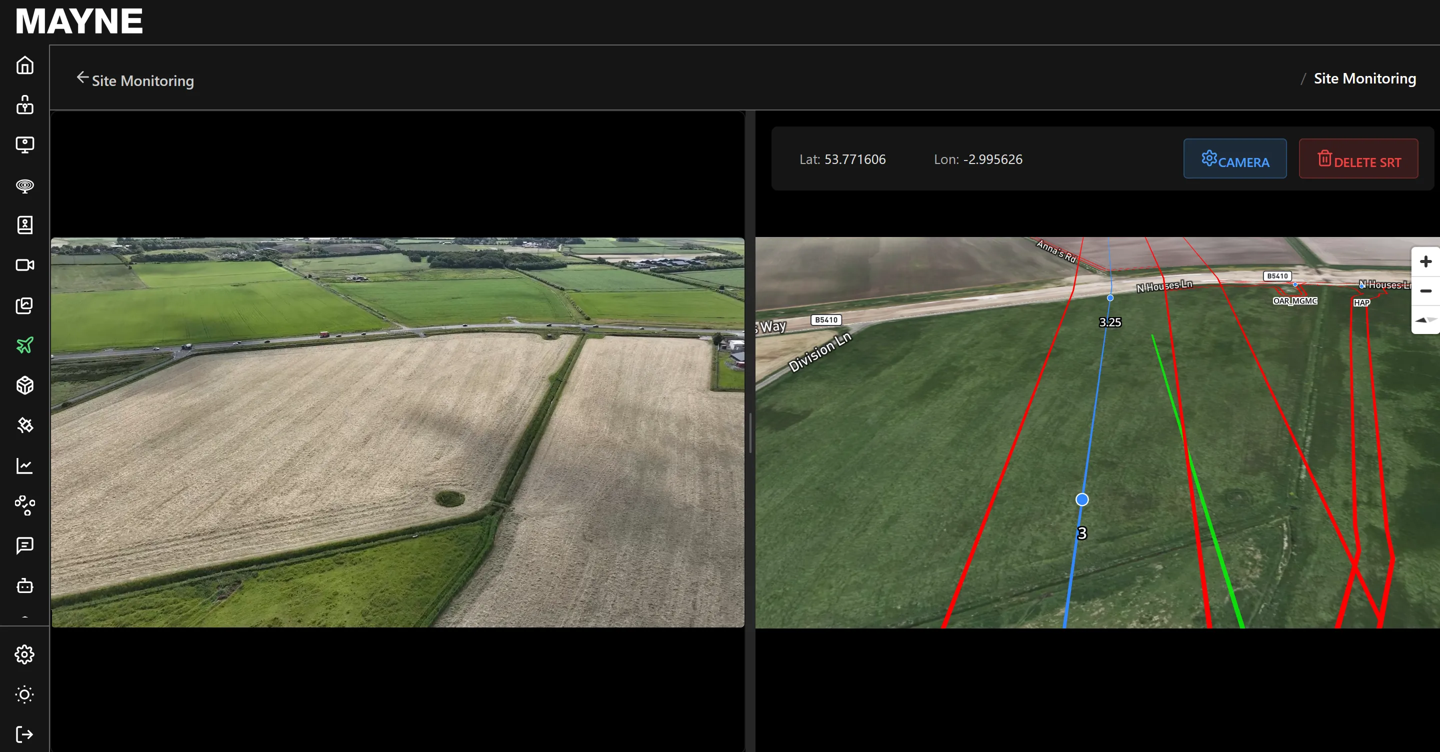 Split screen site monitoring interface showing an aerial view of agricultural fields on the left and a mapped area with red and blue lines over green fields on the right, including coordinates latitude 53.771606 and longitude -2.995626.