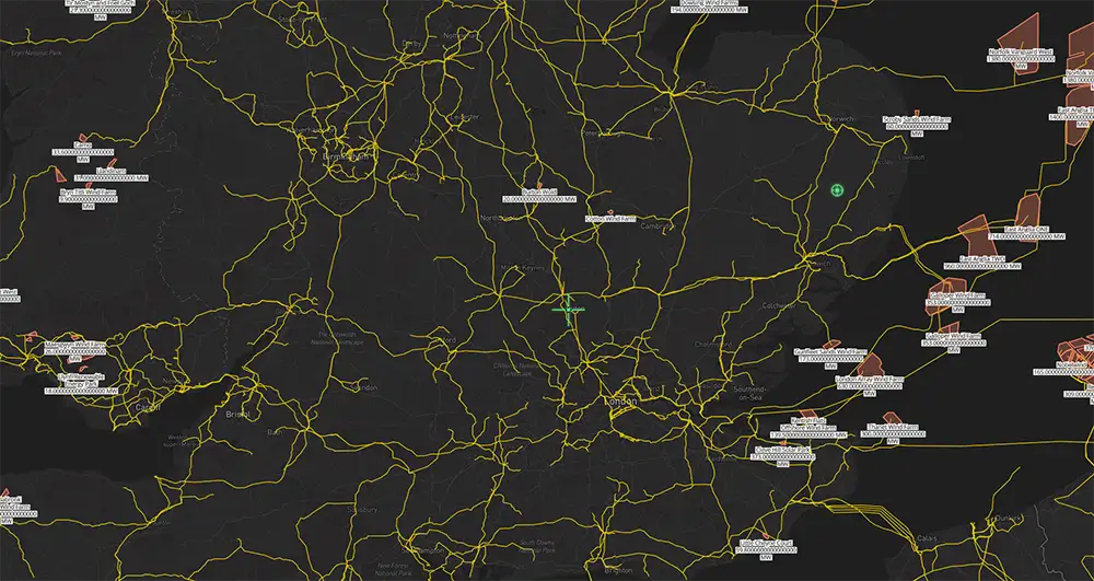Map showing power grid lines and labeled wind farms in southeast England, with London near center.