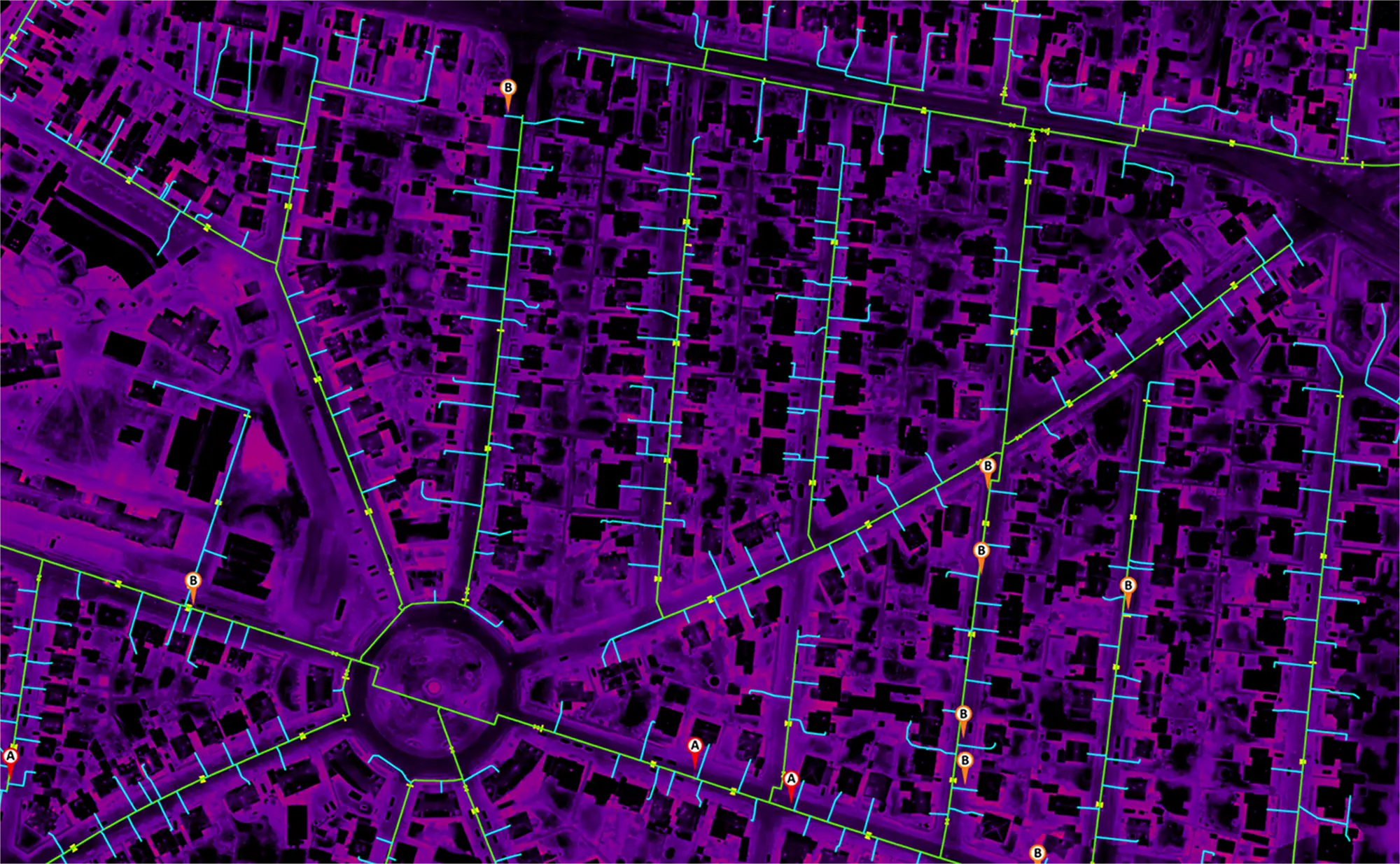Thermal aerial map of an urban district heating network showing pipeline routes and identified anomalies.