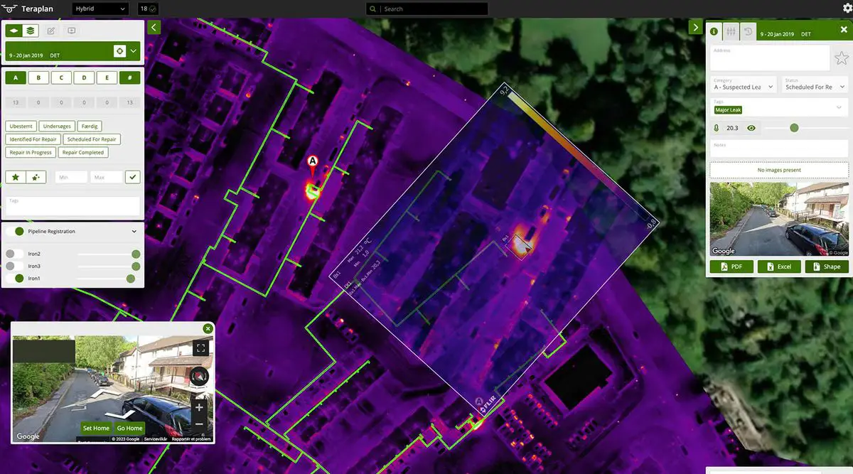 Drone carrying thermal sensors during a BVLOS survey over a live urban district heating network.