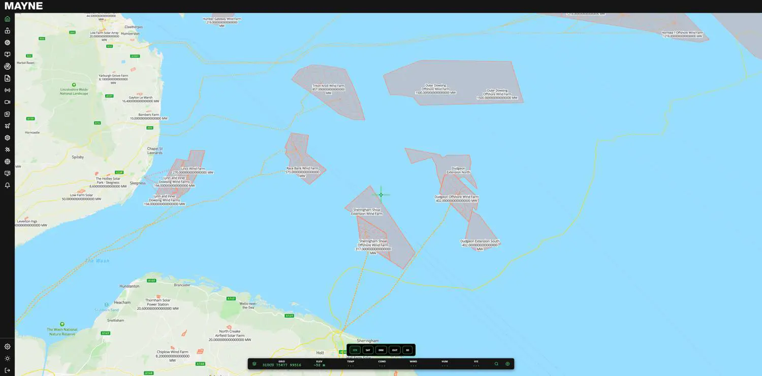 MAYNE regional map showing monitored wind and solar assets